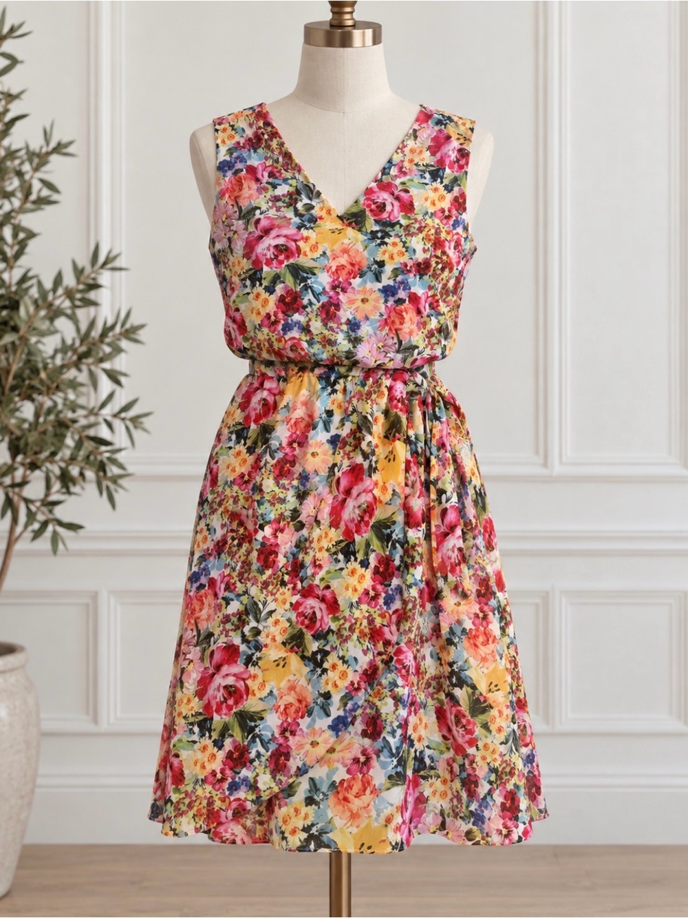 julia jordan Floral V-Neck Sleeveless Dress in Pink Yellow Green faux wrap NWOT